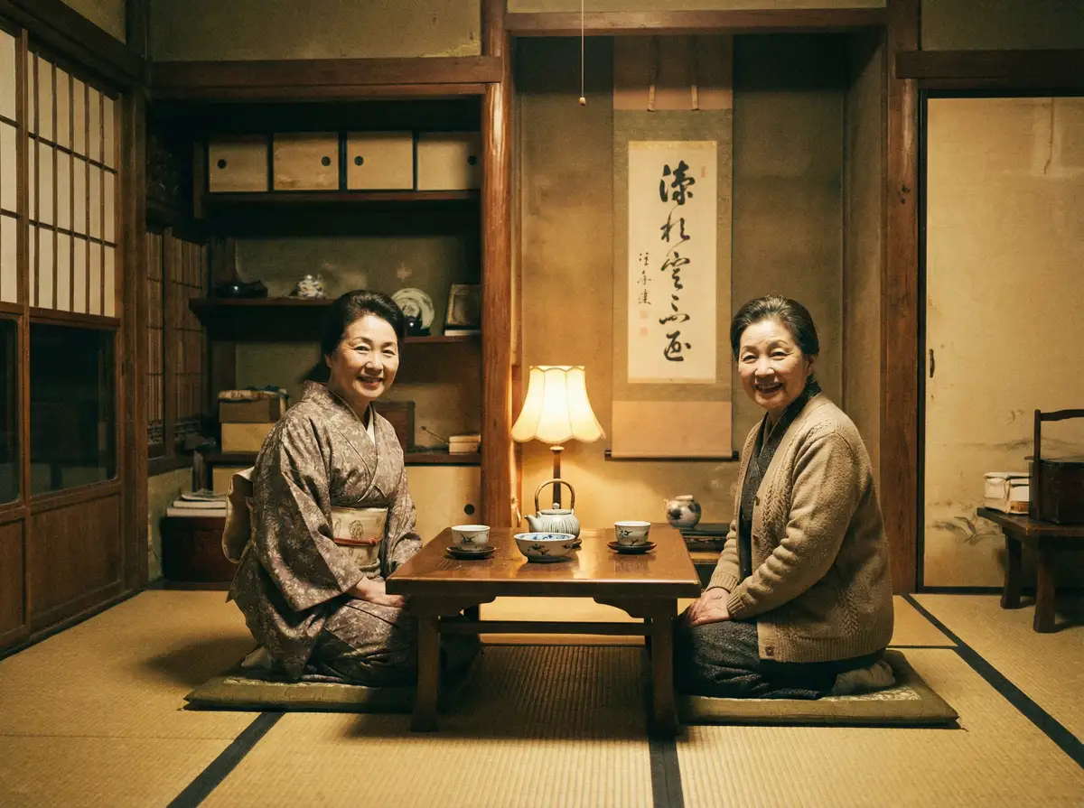 两位优雅的 深田咏美视频 在日式茶室中品茶交谈